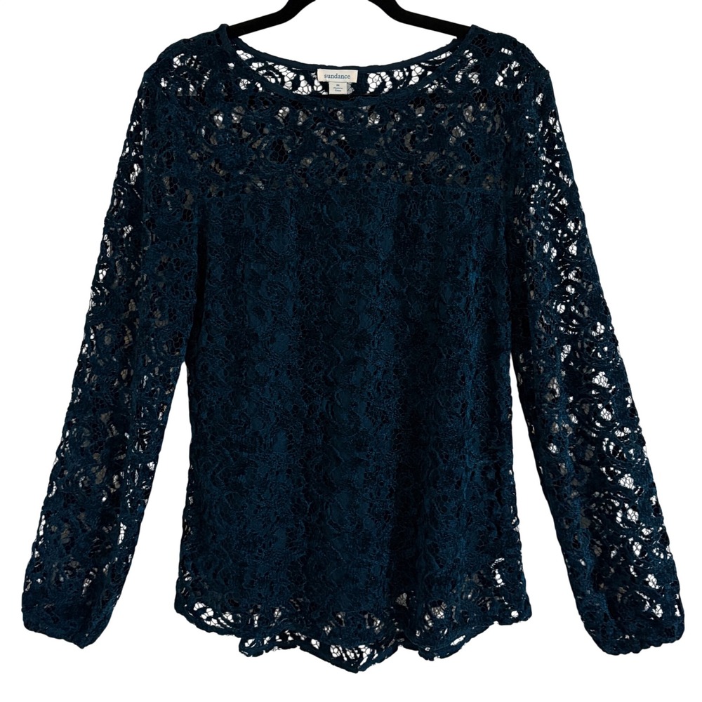 Sundance Blue Teal Lace Long Sleeve Top Romantic Boho Layered Lined Medium
